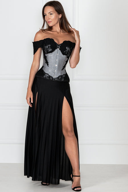 Grey Longline Corset Top with Lace Cap Sleeve