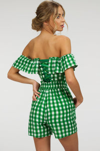 Marigold Gingham Green Viscose Corset Top with Frill Sleeves