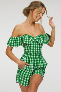 Marigold Gingham Green Viscose Corset Top with Frill Sleeves