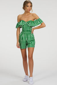 Marigold Gingham Green Viscose Corset Top with Frill Sleeves