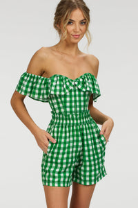 Marigold Gingham Green Viscose Corset Top with Frill Sleeves