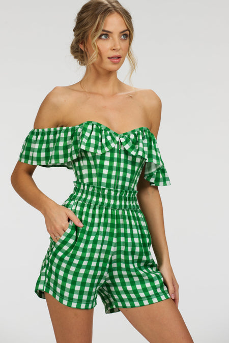 Marigold Gingham Green Viscose Corset Top with Frill Sleeves