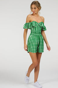 Marigold Gingham Green Viscose Corset Top with Frill Sleeves