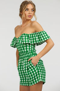 Marigold Gingham Green Viscose Corset Top with Frill Sleeves