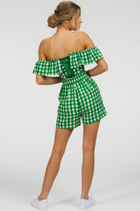 Marigold Gingham Green Viscose Corset Top with Frill Sleeves