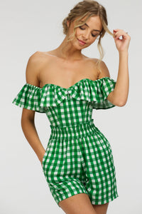 Marigold Gingham Green Viscose Corset Top with Frill Sleeves