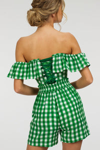 Marigold Gingham Green Viscose Corset Top with Frill Sleeves
