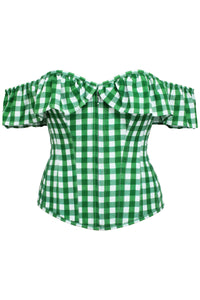 Marigold Gingham Green Viscose Corset Top with Frill Sleeves