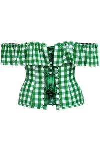 Marigold Gingham Green Viscose Corset Top with Frill Sleeves