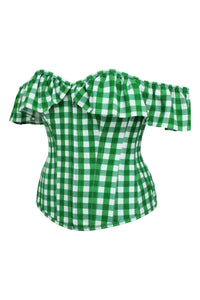 Marigold Gingham Green Viscose Corset Top with Frill Sleeves