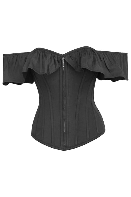 Marigold Black Cotton Corset Top with Frill Sleeves