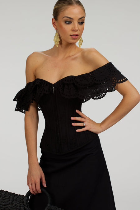 Alyssum Black Broderie Anglaise Cotton Corset Top with Double Frill Sleeves