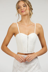 Delia White Broderie Anglaise Cotton Cropped Corset with Spaghetti Straps