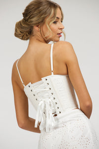 Delia White Broderie Anglaise Cotton Cropped Corset with Spaghetti Straps