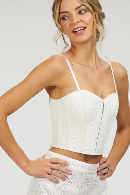 Delia White Broderie Anglaise Cotton Cropped Corset with Spaghetti Straps