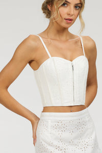 Delia White Broderie Anglaise Cotton Cropped Corset with Spaghetti Straps