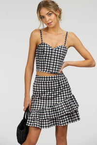 Delia Black Gingham Cotton Cropped Corset With Spaghetti Straps
