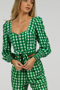 Blossom Gingham Green Viscose Cropped Corset Top With Elasticated back