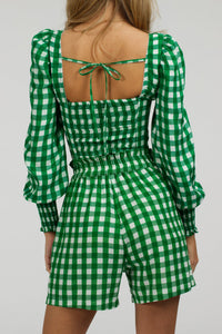 Blossom Gingham Green Viscose Cropped Corset Top With Elasticated back