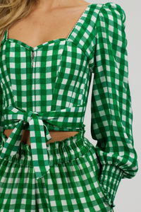 Blossom Gingham Green Viscose Cropped Corset Top With Elasticated back