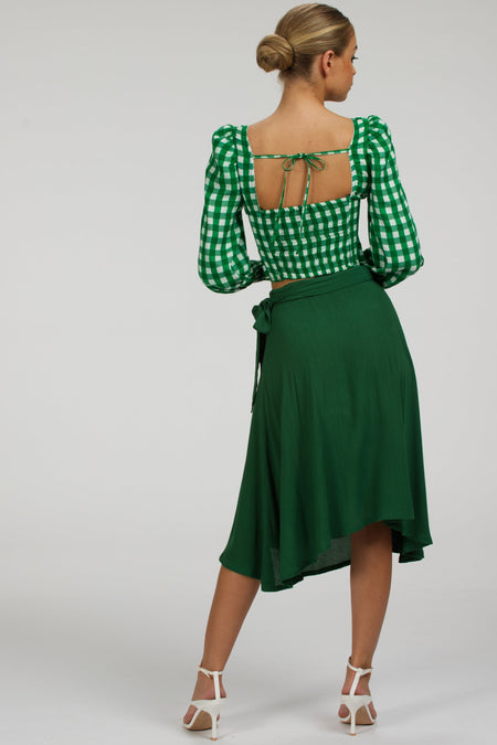 Blossom Gingham Green Viscose Cropped Corset Top With Elasticated back