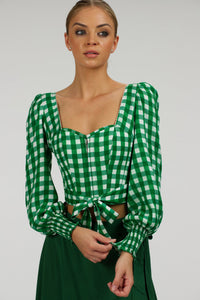 Blossom Gingham Green Viscose Cropped Corset Top With Elasticated back