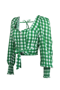 Blossom Gingham Green Viscose Cropped Corset Top With Elasticated back