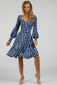Sunflower Gingham Blue Viscose Corset Dress With Long Sleeves