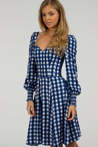 Sunflower Gingham Blue Viscose Corset Dress With Long Sleeves
