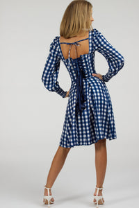 Sunflower Gingham Blue Viscose Corset Dress With Long Sleeves