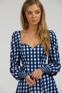 Sunflower Gingham Blue Viscose Corset Dress With Long Sleeves