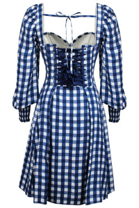 Sunflower Gingham Blue Viscose Corset Dress With Long Sleeves
