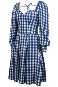 Sunflower Gingham Blue Viscose Corset Dress With Long Sleeves
