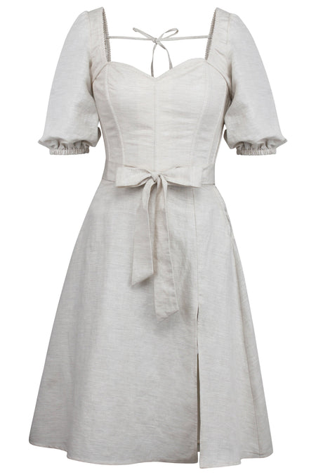 Gladiolus Oatmeal Linen Corset Dress with Puff Sleeves