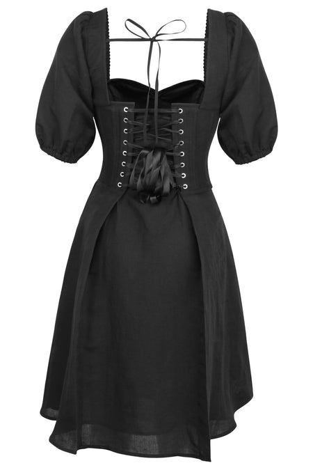 Gladiolus Black Linen Corset Dress with Puff Sleeves