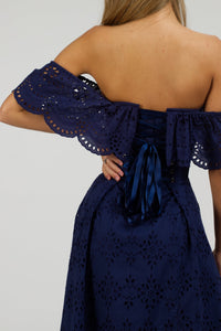 Peony Summer Navy Broderie Anglaise Cotton Corset Dress With Off The Shoulder Frill