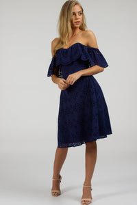 Peony Summer Navy Broderie Anglaise Cotton Corset Dress With Off The Shoulder Frill