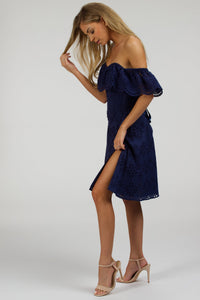 Peony Summer Navy Broderie Anglaise Cotton Corset Dress With Off The Shoulder Frill