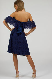 Peony Summer Navy Broderie Anglaise Cotton Corset Dress With Off The Shoulder Frill