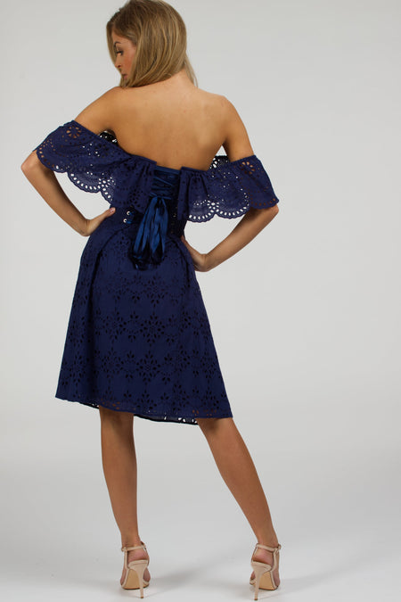 Peony Summer Navy Broderie Anglaise Cotton Corset Dress With Off The Shoulder Frill
