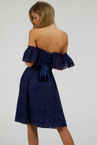 Peony Summer Navy Broderie Anglaise Cotton Corset Dress With Off The Shoulder Frill