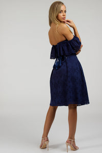 Peony Summer Navy Broderie Anglaise Cotton Corset Dress With Off The Shoulder Frill