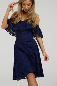 Peony Summer Navy Broderie Anglaise Cotton Corset Dress With Off The Shoulder Frill