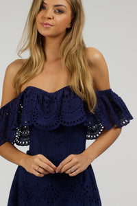 Peony Summer Navy Broderie Anglaise Cotton Corset Dress With Off The Shoulder Frill