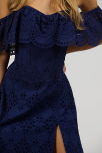 Peony Summer Navy Broderie Anglaise Cotton Corset Dress With Off The Shoulder Frill