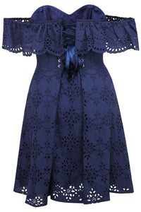 Peony Summer Navy Broderie Anglaise Cotton Corset Dress With Off The Shoulder Frill