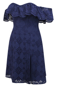 Peony Summer Navy Broderie Anglaise Cotton Corset Dress With Off The Shoulder Frill