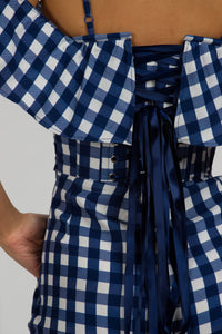 Ivy Gingham Blue Viscose Corset Playsuit With Off The Shoulder Sleeves