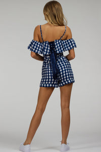 Ivy Gingham Blue Viscose Corset Playsuit With Off The Shoulder Sleeves
