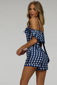 Ivy Gingham Blue Viscose Corset Playsuit With Off The Shoulder Sleeves